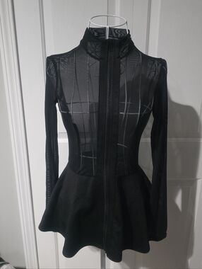 Mind Code L. Black Sheer Mesh Peplum Zip-Up Top